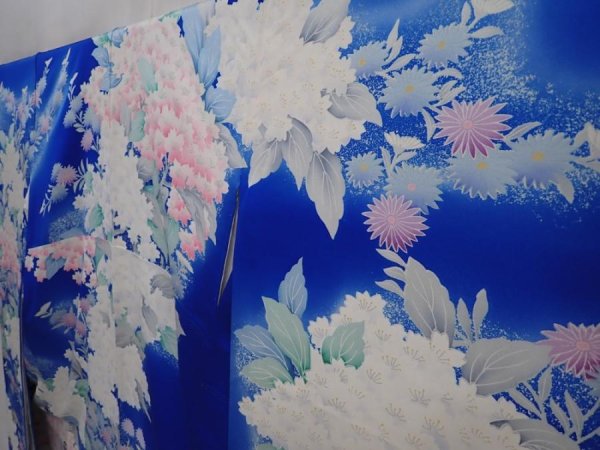 Photo2: 6224T14z1070  Japanese Kimono Silk FURISODE Flowers Oriental blue (2)