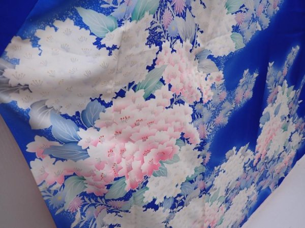 Photo3: 6224T14z1070  Japanese Kimono Silk FURISODE Flowers Oriental blue (3)