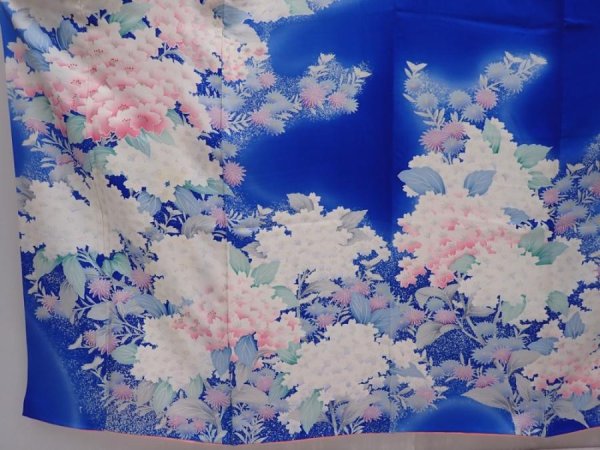 Photo5: 6224T14z1070  Japanese Kimono Silk FURISODE Flowers Oriental blue (5)