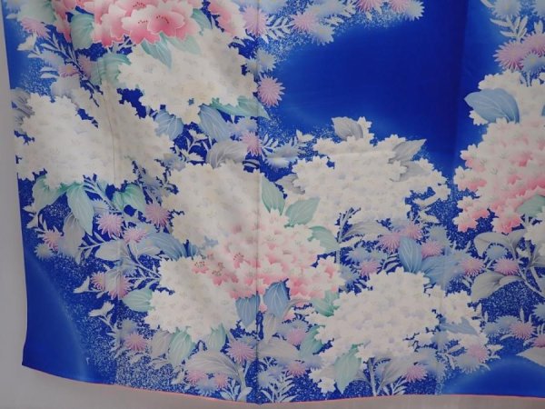 Photo6: 6224T14z1070  Japanese Kimono Silk FURISODE Flowers Oriental blue (6)