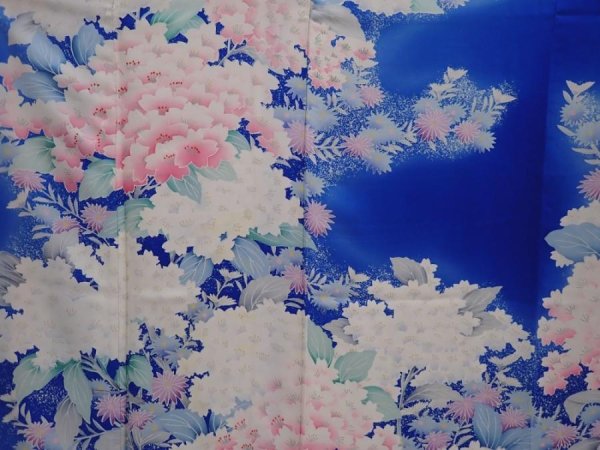 Photo8: 6224T14z1070  Japanese Kimono Silk FURISODE Flowers Oriental blue (8)