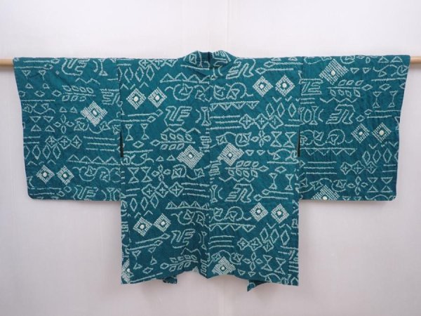 Photo1: 6225T01z460 Vintage Japanese Kimono Silk SHIBORI HAORI  Green-Blue (1)