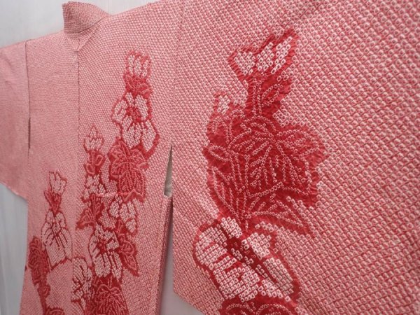 Photo2: 6225T02z440 Vintage Japanese Kimono Silk SHIBORI HAORI Flower Coral pink (2)