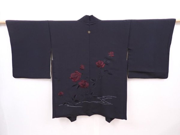 Photo1: 6225T04z500 Vintage Japanese Kimono Silk HAORI Rose Black (1)