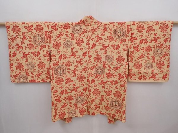 Photo1: 6225T05z610 Vintage Japanese Kimono Silk HAORI Bird Cream-Orange (1)