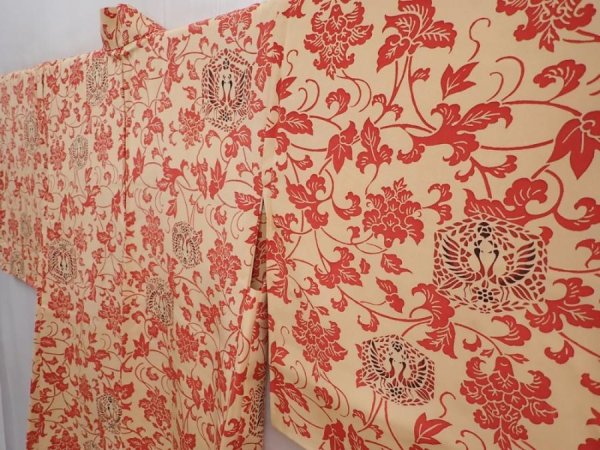 Photo2: 6225T05z610 Vintage Japanese Kimono Silk HAORI Bird Cream-Orange (2)