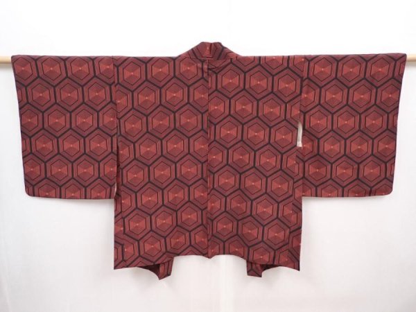 Photo1: 6225T08z520 Vintage Japanese Kimono Silk HAORI  Red-Brown (1)