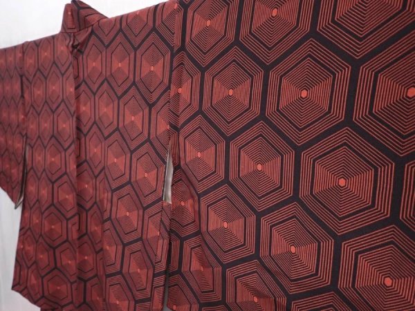 Photo2: 6225T08z520 Vintage Japanese Kimono Silk HAORI  Red-Brown (2)