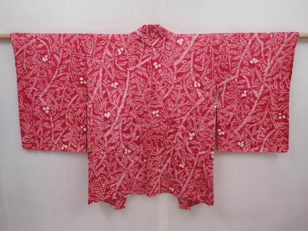 Photo1: 6225T09z460 Vintage Japanese Kimono Silk SHIBORI HAORI Leaf Red-Pink (1)