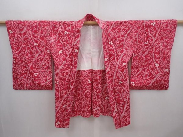Photo5: 6225T09z460 Vintage Japanese Kimono Silk SHIBORI HAORI Leaf Red-Pink (5)