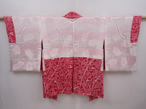 Photo6: 6225T09z460 Vintage Japanese Kimono Silk SHIBORI HAORI Leaf Red-Pink (6)