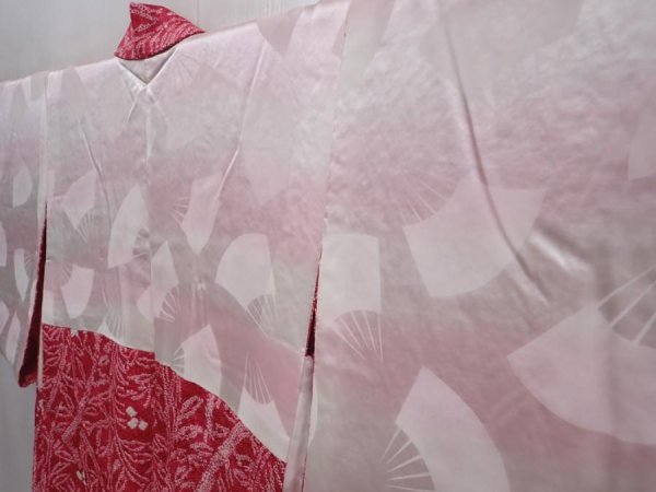 Photo7: 6225T09z460 Vintage Japanese Kimono Silk SHIBORI HAORI Leaf Red-Pink (7)