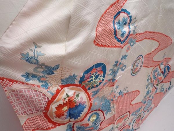 Photo3: 6225T11z870 Vintage Japanese Kimono Silk FURISODE Flowers Off-white (3)