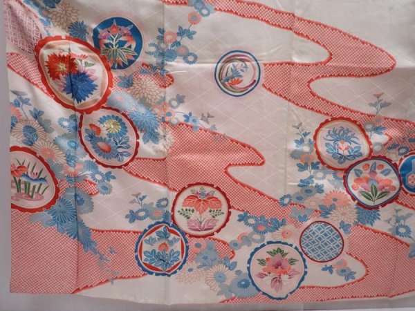 Photo5: 6225T11z870 Vintage Japanese Kimono Silk FURISODE Flowers Off-white (5)