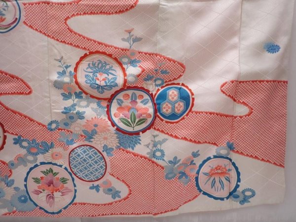Photo7: 6225T11z870 Vintage Japanese Kimono Silk FURISODE Flowers Off-white (7)