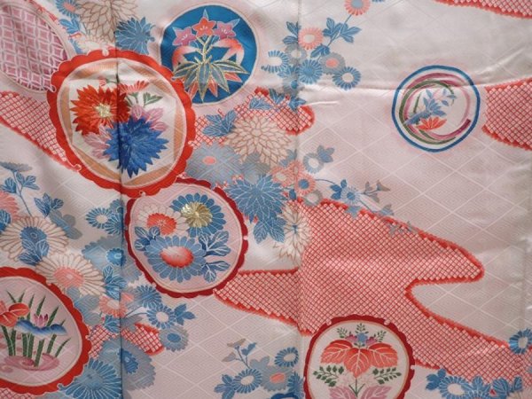 Photo8: 6225T11z870 Vintage Japanese Kimono Silk FURISODE Flowers Off-white (8)