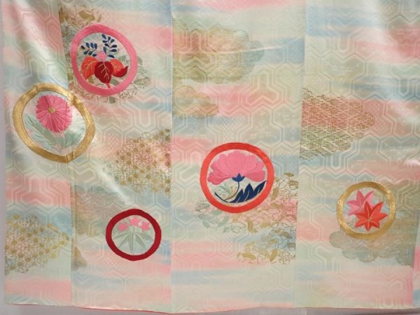 Photo5: 6225T13z1170 Vintage Japanese Kimono Silk FURISODE Flowers Pistachio green (5)