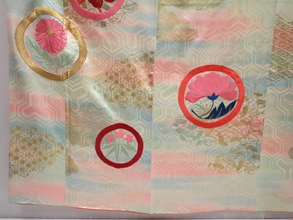 Photo6: 6225T13z1170 Vintage Japanese Kimono Silk FURISODE Flowers Pistachio green (6)