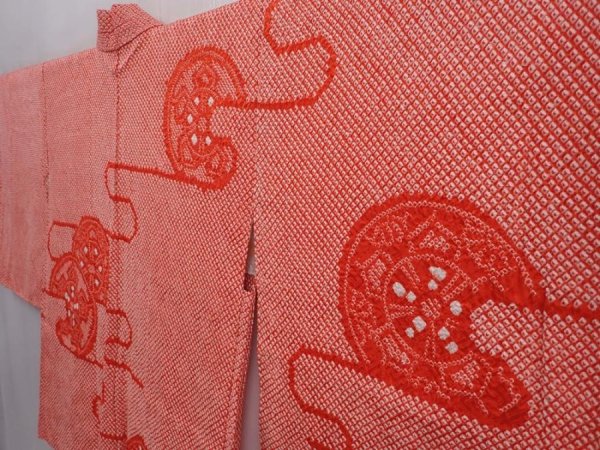 Photo2: 6226T01z510 Vintage Japanese Kimono Silk SHIBORI HAORI Tomato red (2)