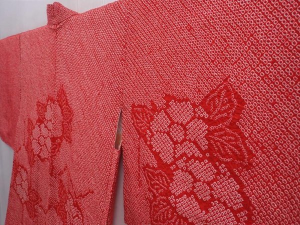 Photo2: 6226T02z450 Vintage Japanese Kimono Silk SHIBORI HAORI Flower Dark red (2)