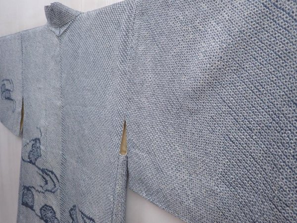 Photo2: 6226T03z410 Vintage Japanese Kimono Silk SHIBORI HAORI Steel blue (2)
