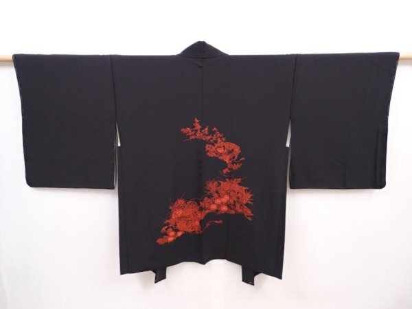Photo1: 6226T04z590 Vintage Japanese Kimono Silk HAORI Flowers Black (1)