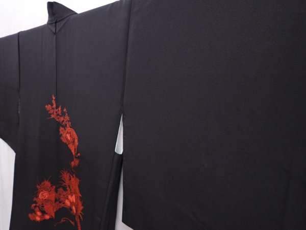 Photo2: 6226T04z590 Vintage Japanese Kimono Silk HAORI Flowers Black (2)