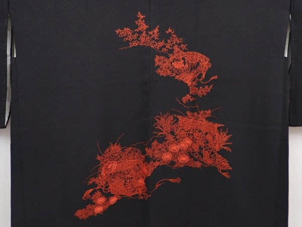 Photo3: 6226T04z590 Vintage Japanese Kimono Silk HAORI Flowers Black (3)