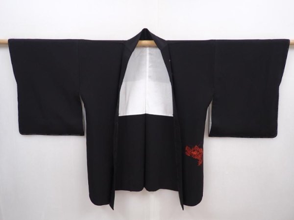 Photo5: 6226T04z590 Vintage Japanese Kimono Silk HAORI Flowers Black (5)