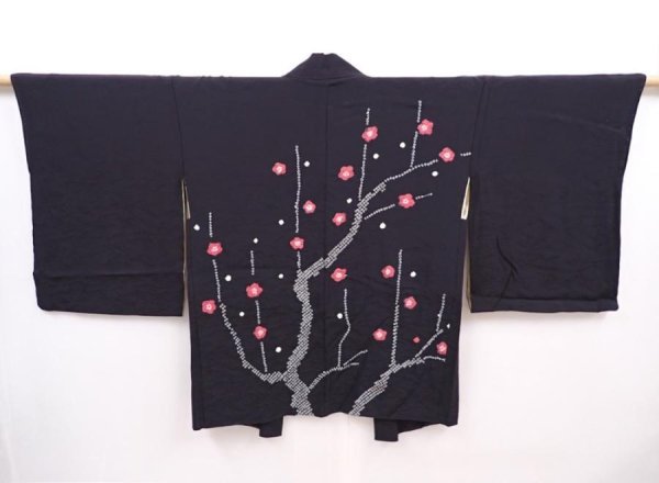 Photo1: 6226T09z520 Vintage Japanese Kimono Silk HAORI Plum blossom Black (1)
