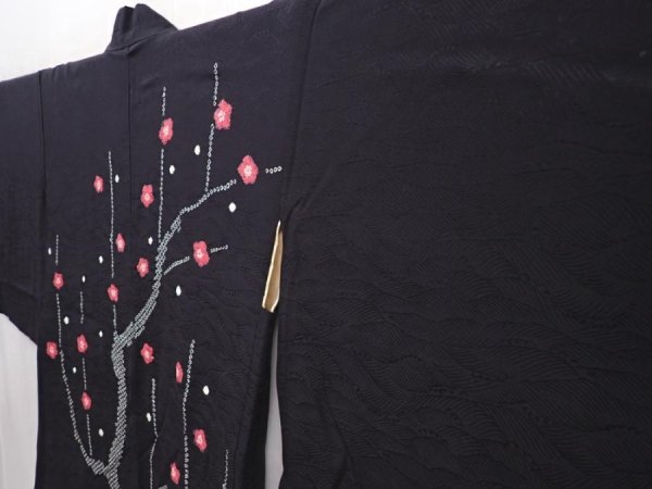 Photo2: 6226T09z520 Vintage Japanese Kimono Silk HAORI Plum blossom Black (2)