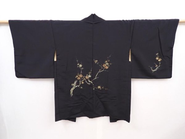 Photo1: 6226T11z550 Vintage Japanese Kimono Silk HAORI Plum blossom Black (1)