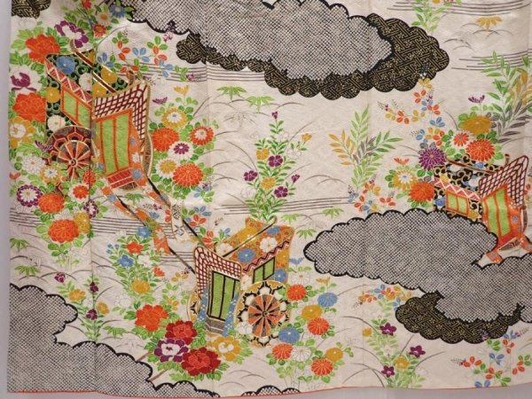 Photo5: 6226T12z1050 Vintage Japanese Kimono Silk FURISODE Royal cart Off-white (5)