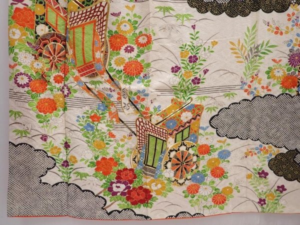 Photo6: 6226T12z1050 Vintage Japanese Kimono Silk FURISODE Royal cart Off-white (6)