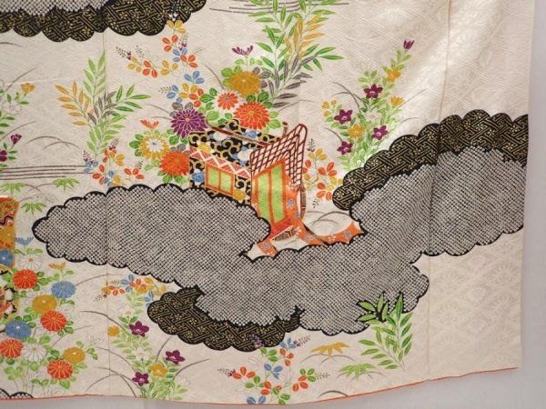 Photo7: 6226T12z1050 Vintage Japanese Kimono Silk FURISODE Royal cart Off-white (7)