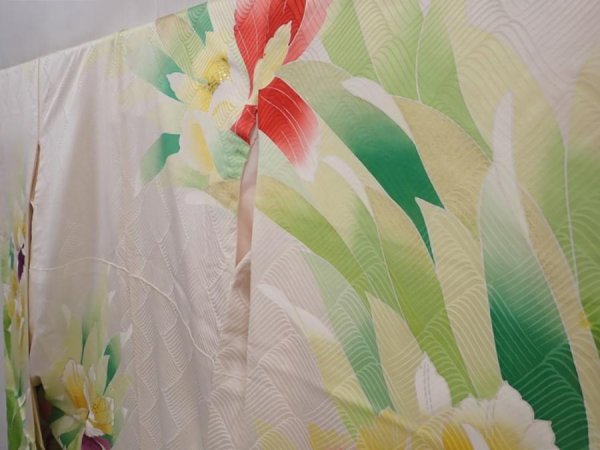 Photo2: 6226T13z1140 Vintage Japanese Kimono Silk FURISODE Flower Off-white (2)