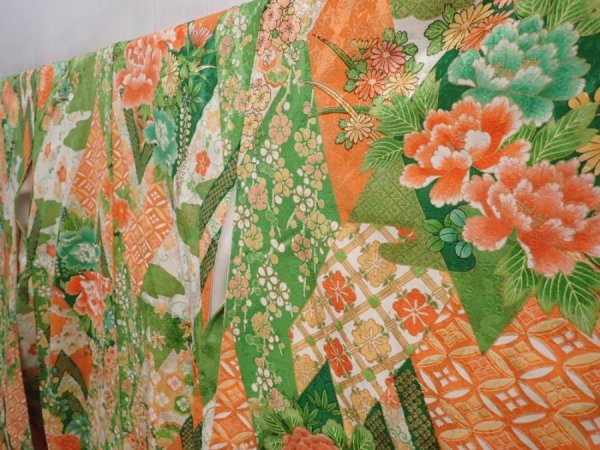 Photo2: 6226T14z1070 Vintage Japanese Kimono Silk FURISODE Peony Green (2)