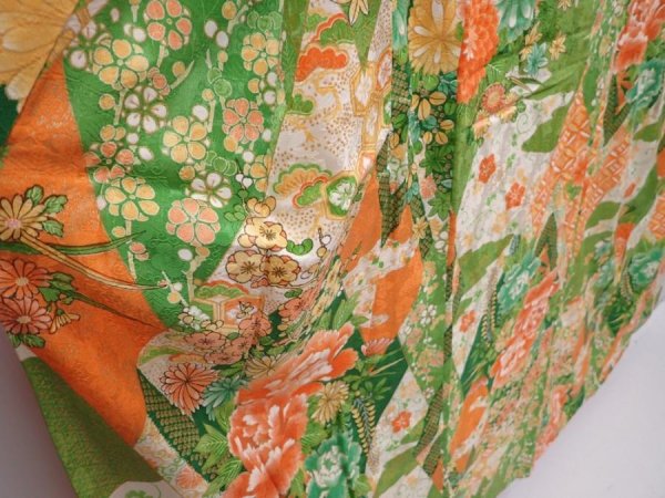 Photo3: 6226T14z1070 Vintage Japanese Kimono Silk FURISODE Peony Green (3)