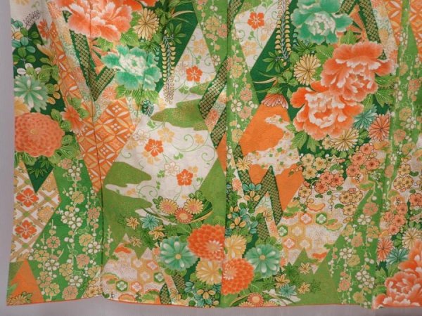 Photo6: 6226T14z1070 Vintage Japanese Kimono Silk FURISODE Peony Green (6)
