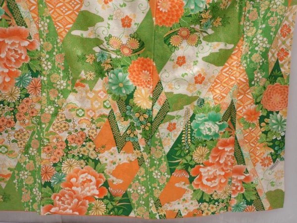 Photo7: 6226T14z1070 Vintage Japanese Kimono Silk FURISODE Peony Green (7)