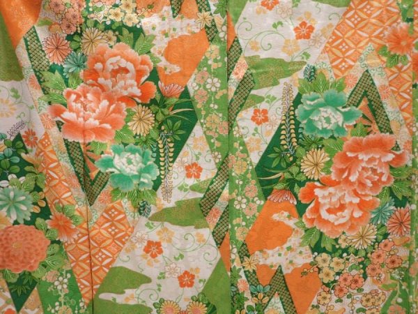 Photo8: 6226T14z1070 Vintage Japanese Kimono Silk FURISODE Peony Green (8)