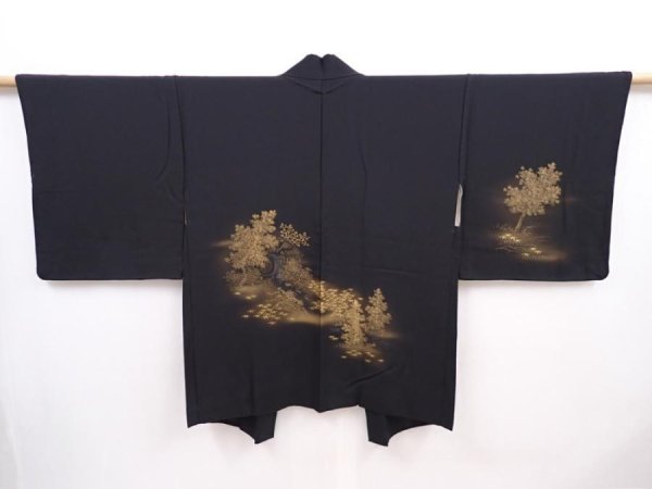 Photo1: 6302T02z580 Vintage Japanese Kimono Silk HAORI Trees Black (1)