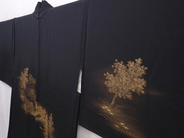 Photo2: 6302T02z580 Vintage Japanese Kimono Silk HAORI Trees Black (2)