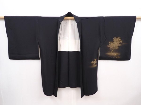 Photo4: 6302T02z580 Vintage Japanese Kimono Silk HAORI Trees Black (4)