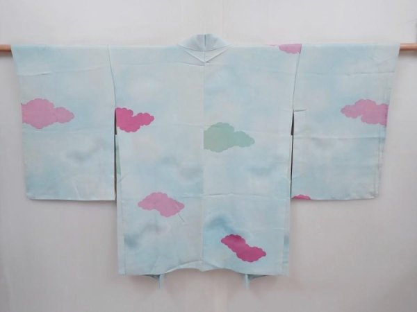 Photo1: 6302T03z580 Vintage Japanese Kimono Silk HAORI Cloud Light blue (1)