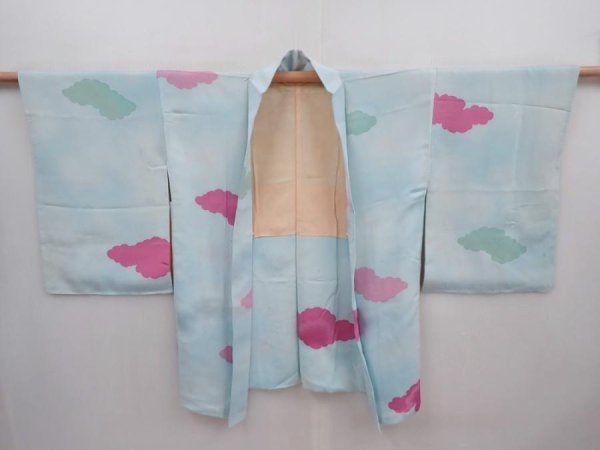 Photo5: 6302T03z580 Vintage Japanese Kimono Silk HAORI Cloud Light blue (5)