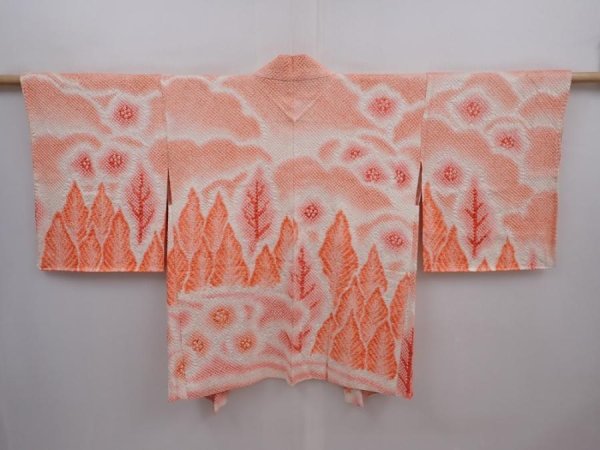 Photo1: 6302T06z520 Vintage Japanese Kimono Silk SHIBORI HAORI  Orangered (1)