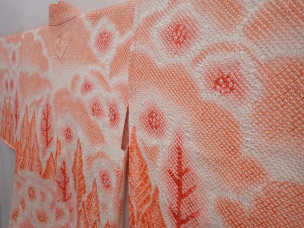 Photo2: 6302T06z520 Vintage Japanese Kimono Silk SHIBORI HAORI  Orangered (2)