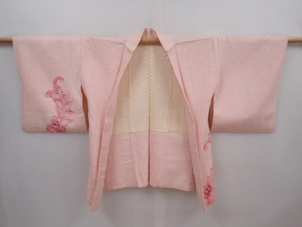 Photo5: 6302T07z550 Vintage Japanese Kimono Silk SHIBORI HAORI Leaf Pink (5)