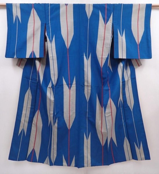 Photo1: 6302T10z630 Vintage Japanese Kimono Silk MEISEN KOMON Yagasuri Blue (1)